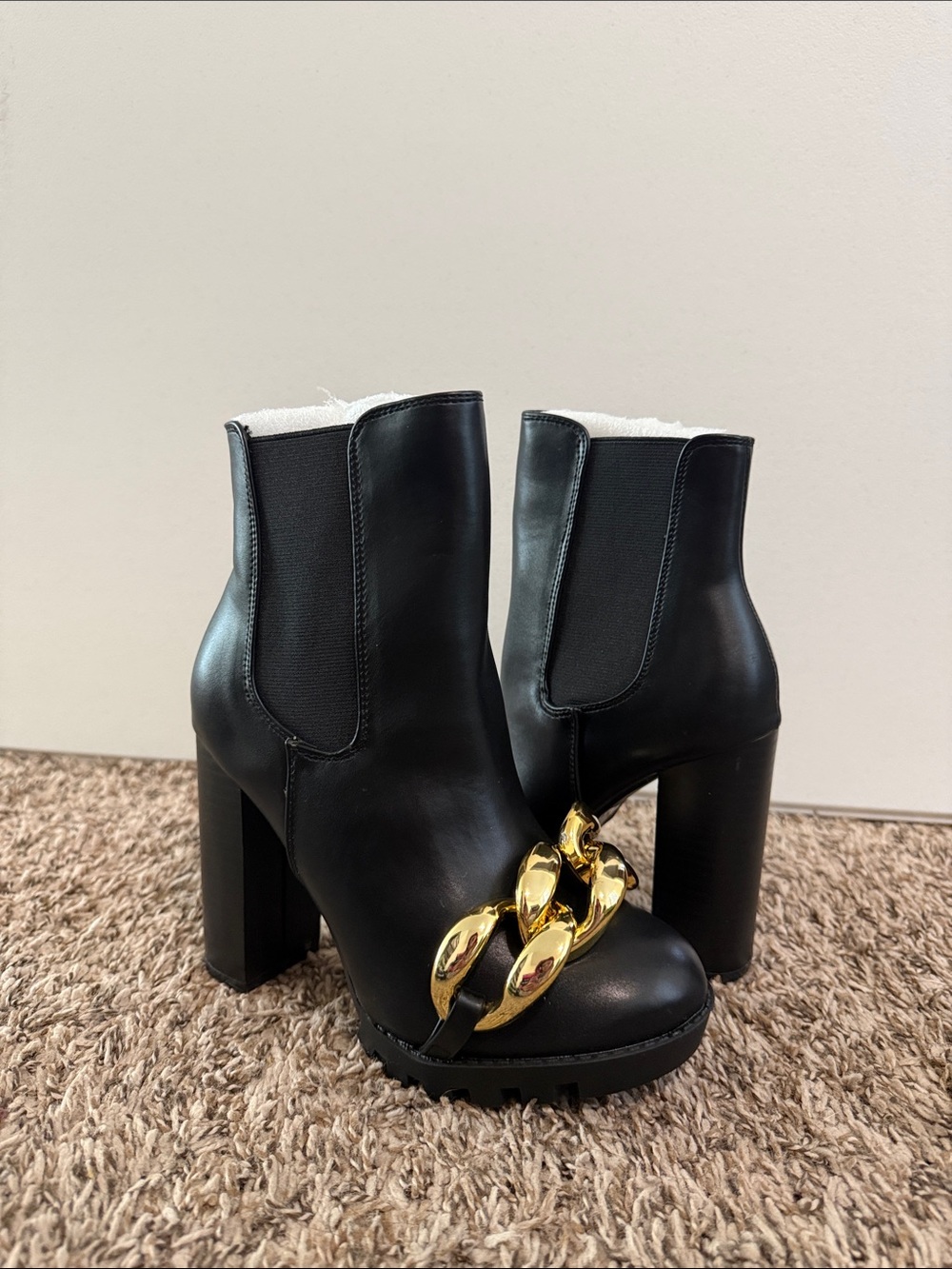Cape Robbin Black Leather Platform Ankle Boots with Gold Chain